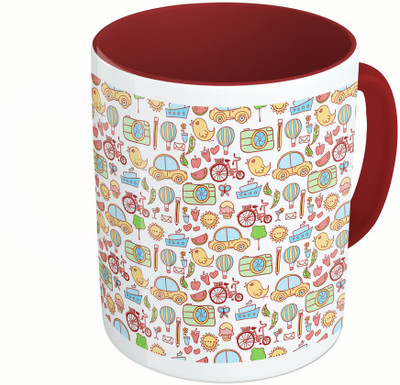 

MiiCreations Printed Two Tone Maroon And White Cartoons City Elements Pattern Ceramic Mug(325 ml)