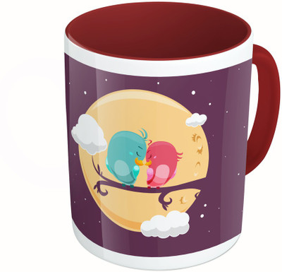 

MiiCreations Printed Two Tone Maroon And White Love Birds Ceramic Mug(325 ml)