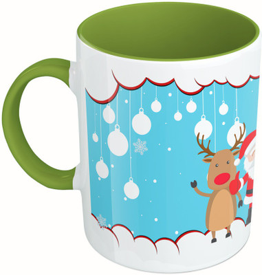 

MiiCreations Printed Two Tone Green And White Merry Christmas Ceramic Mug(325 ml), Multicolor