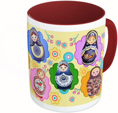 

MiiCreations Printed Two Tone Maroon And White Printed Russian Dolls Ceramic Mug(325 ml)