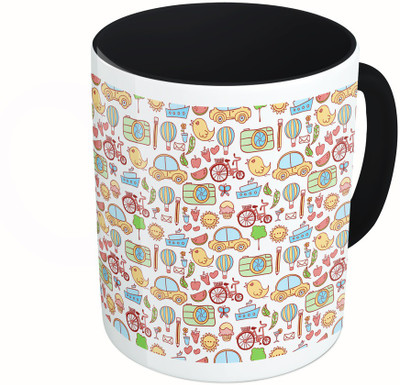 

MiiCreations Printed Two Tone Black And White Cartoons City Elements Pattern Ceramic Mug(325 ml), Multicolor