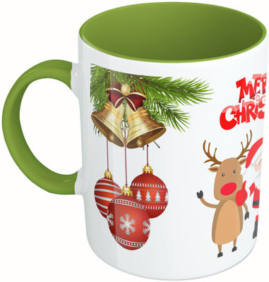 

MiiCreations Printed Two Tone Green And White Merry Christmas Greetings Ceramic Mug(325 ml), Multicolor