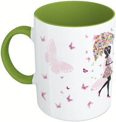 

MiiCreations Printed Two Tone Green And White Beautiful Butterfly Girl Ceramic Mug(325 ml), Multicolor