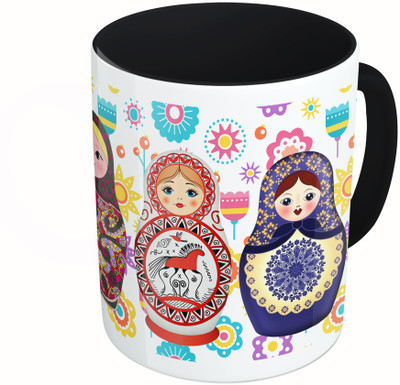 

MiiCreations Printed Two Tone Black And White Russian Dolls Ceramic Mug(325 ml), Multicolor