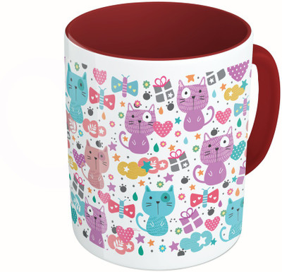 

MiiCreations Printed Two Tone Maroon And White Cute Cat Faces Ceramic Mug(325 ml)