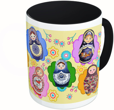 

MiiCreations Printed Two Tone Black And White Printed Russian Dolls Ceramic Mug(325 ml), Multicolor