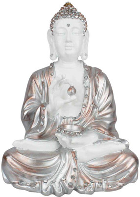 

StatueStudio Resin Japanese Chinese Sitting Buddha With Bowl White Silver Décor Idol 16" Decorative Showpiece - 40.64 cm(Polyresin, Silver)