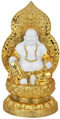 

StatueStudio Resin Leaf Gold Plated Laughing Buddha Feng Shui Vastu Decor Gift Idol Statue 7" Decorative Showpiece - 19.05 cm(Polyresin, Gold)