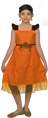 

Ssmitn Girls Midi/Knee Length Casual Dress(Orange, Sleeveless