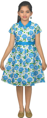 

Ssmitn Girls Midi/Knee Length Casual Dress(Blue, Half Sleeve