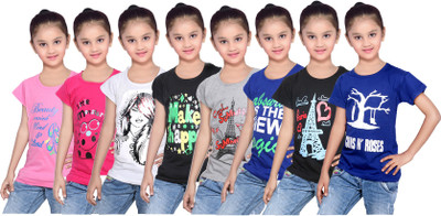 

IndiWeaves Girls Printed Cotton T Shirt(Multicolor, Pack of 8, Black;blue;grey;pink;white