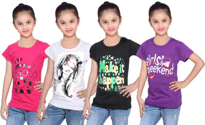 

IndiWeaves Girls Printed Cotton T Shirt(Multicolor, Pack of 4, Black;pink;purple;white
