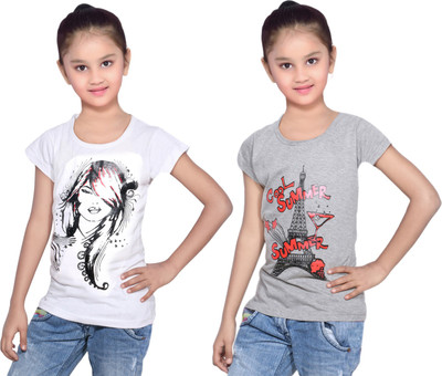 

IndiWeaves Girls Printed Cotton T Shirt(Multicolor, Pack of 2, Grey;white