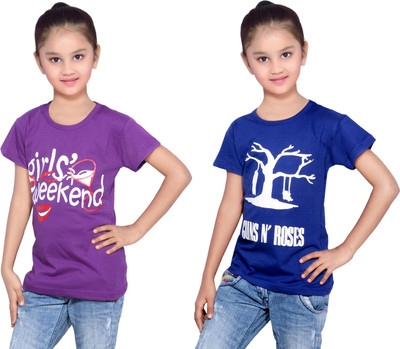 

IndiWeaves Girls Printed Cotton T Shirt(Multicolor, Pack of 2, Blue;purple