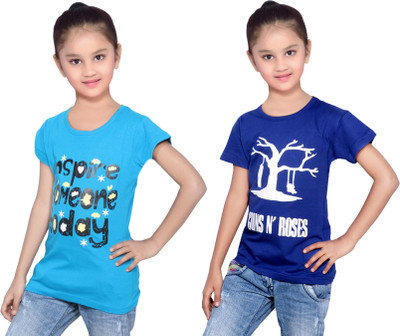 

IndiWeaves Girls Printed Cotton T Shirt(Multicolor, Pack of 2, Blue