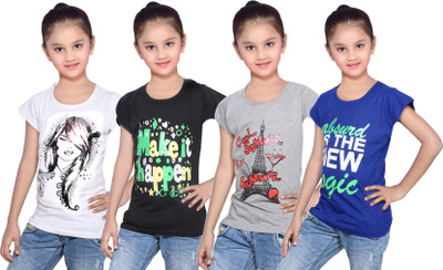 

IndiWeaves Girls Printed Cotton T Shirt(Multicolor, Pack of 4, Black;blue;grey;white