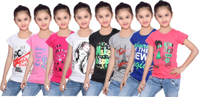 

IndiWeaves Girls Printed Cotton T Shirt(Multicolor, Pack of 8, Black;blue;grey;pink;red;white