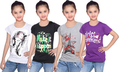 

IndiWeaves Girls Printed Cotton T Shirt(Multicolor, Pack of 4, Black;grey;purple;white