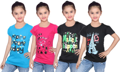 

IndiWeaves Girls Printed Cotton T Shirt(Multicolor, Pack of 4, Black;blue;pink