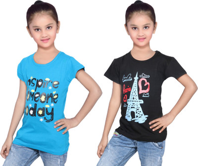 

IndiWeaves Girls Printed Cotton T Shirt(Multicolor, Pack of 2, Black;blue