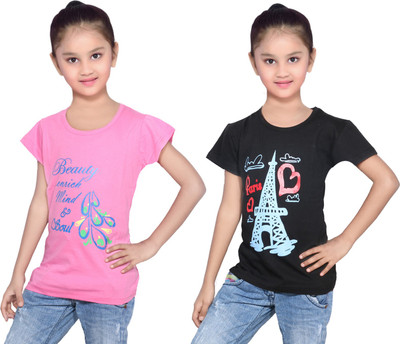 

IndiWeaves Girls Printed Cotton T Shirt(Multicolor, Pack of 2, Black;pink
