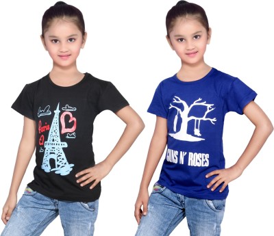 Indistar Girls Printed Cotton Blend Regular T Shirt(Black, Pack of 2)