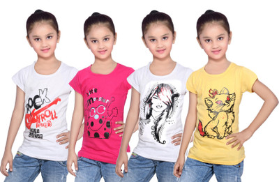 

IndiWeaves Girls Printed Cotton T Shirt(Multicolor, Pack of 4, Pink;white;yellow