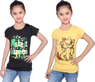 

IndiWeaves Girls Printed Cotton T Shirt(Multicolor, Pack of 2, Black;yellow
