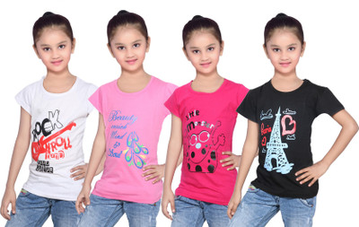 

IndiWeaves Girls Printed Cotton T Shirt(Multicolor, Pack of 4, Black;pink;white