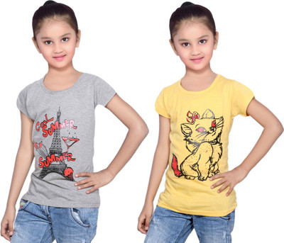 

IndiWeaves Girls Printed Cotton T Shirt(Multicolor, Pack of 2, Grey;yellow