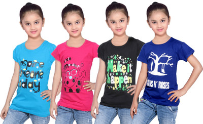 

IndiWeaves Girls Printed Cotton T Shirt(Multicolor, Pack of 4, Black;blue;pink
