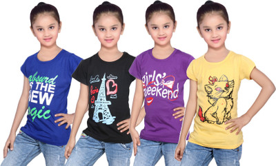 

IndiWeaves Girls Printed Cotton T Shirt(Multicolor, Pack of 4, Black;blue;purple;yellow