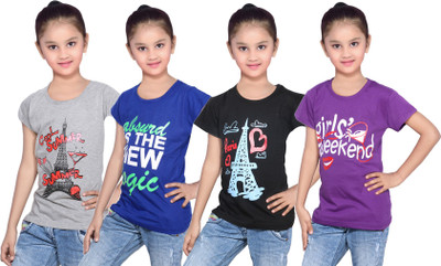 

IndiWeaves Girls Printed Cotton T Shirt(Multicolor, Pack of 4, Black;blue;grey;purple
