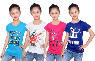 

IndiWeaves Girls Printed Cotton T Shirt(Multicolor, Pack of 4, Blue;pink;white