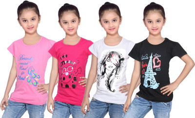 

IndiWeaves Girls Printed Cotton T Shirt(Multicolor, Pack of 4, Black;pink;white