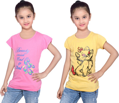 

IndiWeaves Girls Printed Cotton T Shirt(Multicolor, Pack of 2, Pink;yellow