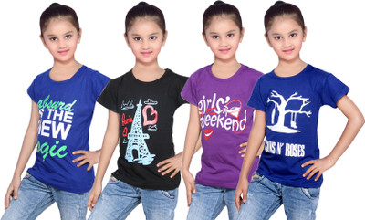 

IndiWeaves Girls Printed Cotton T Shirt(Multicolor, Pack of 4, Black;blue;purple