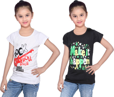 

IndiWeaves Girls Printed Cotton T Shirt(Multicolor, Pack of 2, Black;white