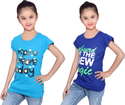 

IndiWeaves Girls Printed Cotton T Shirt(Multicolor, Pack of 2, Blue