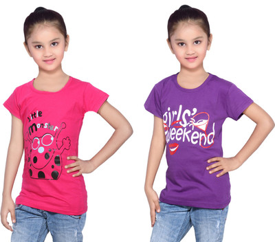 

IndiWeaves Girls Printed Cotton T Shirt(Multicolor, Pack of 2, Pink;purple