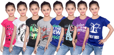 

IndiWeaves Girls Printed Cotton T Shirt(Multicolor, Pack of 8, Black;blue;grey;pink;purple;white