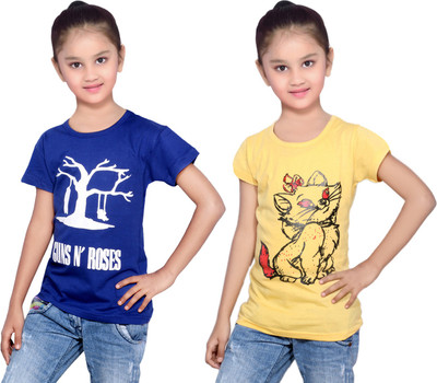

IndiWeaves Girls Printed Cotton T Shirt(Multicolor, Pack of 2, Blue;yellow