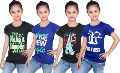 

IndiWeaves Girls Printed Cotton T Shirt(Multicolor, Pack of 4, Black;blue