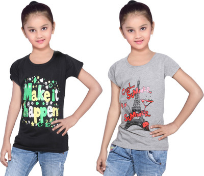 

IndiWeaves Girls Printed Cotton T Shirt(Multicolor, Pack of 2, Black;grey