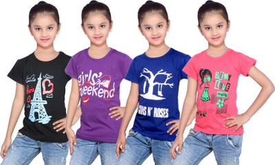 

IndiWeaves Girls Printed Cotton T Shirt(Multicolor, Pack of 4, Black;blue;purple;red