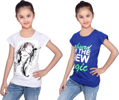 

IndiWeaves Girls Printed Cotton T Shirt(Multicolor, Pack of 2, Blue;white