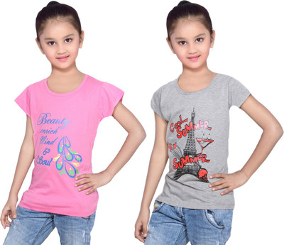

IndiWeaves Girls Printed Cotton T Shirt(Multicolor, Pack of 2, Grey;pink