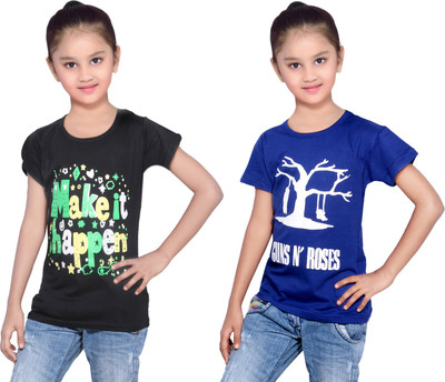 

IndiWeaves Girls Printed Cotton T Shirt(Multicolor, Pack of 2, Black;blue
