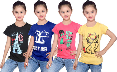 

IndiWeaves Girls Printed Cotton T Shirt(Multicolor, Pack of 4, Black;blue;red;yellow