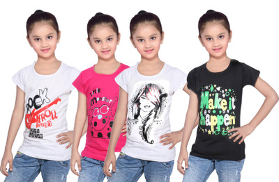 

IndiWeaves Girls Printed Cotton T Shirt(Multicolor, Pack of 4, Black;pink;white